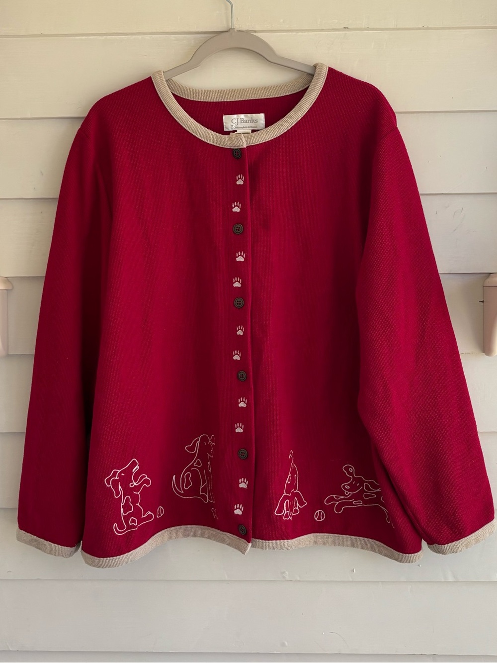 CJ Banks Red Dog Embroidered Button-Up Top with Light Tan Trim Women’s Size 1X